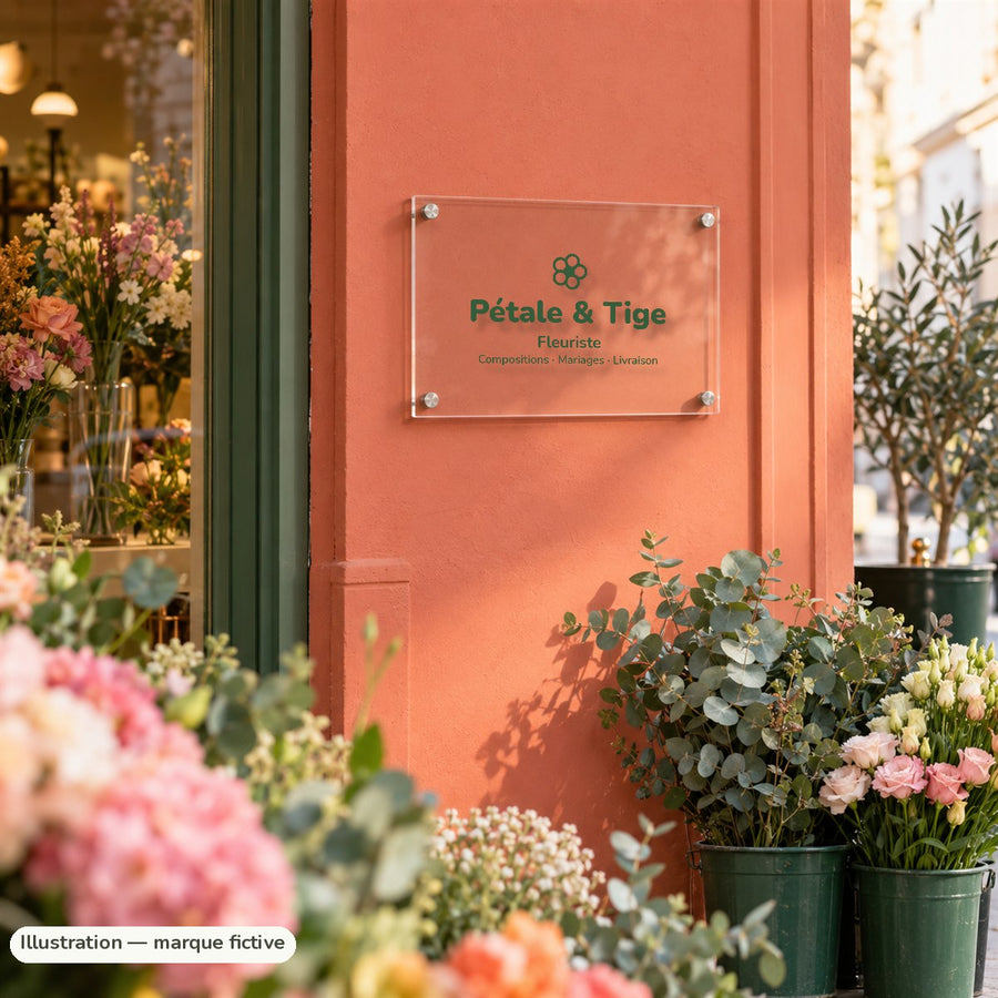 Plaque de fleuriste en plexiglas sur façade corail (marque fictive)