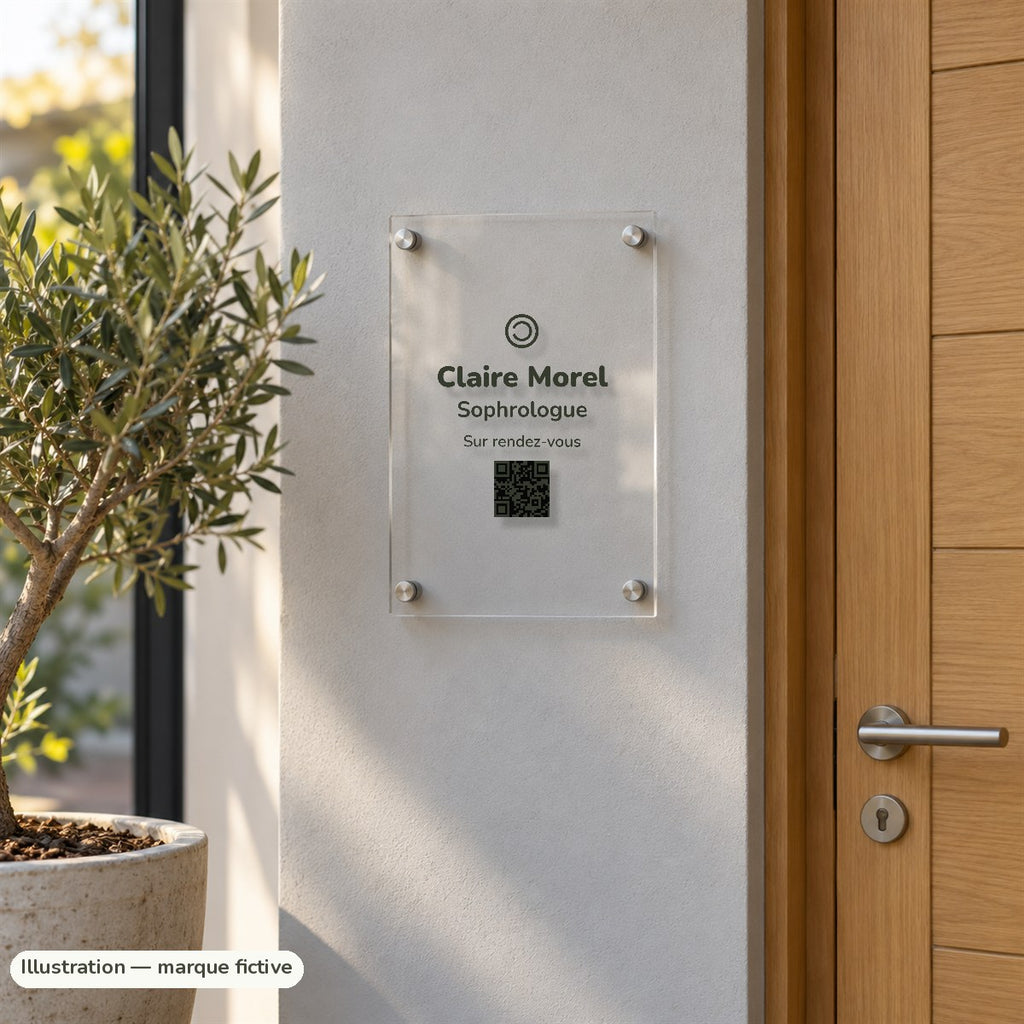 Plaque de cabinet avec QR code de prise de rendez-vous, sophrologue (marque fictive)