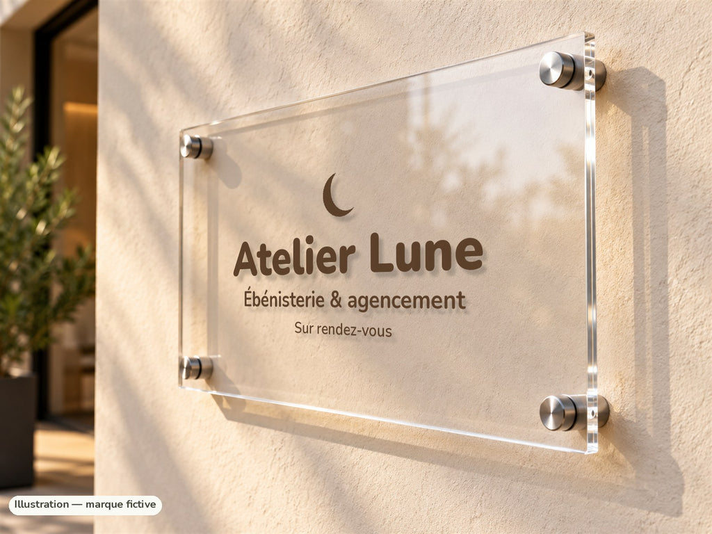 Plaque professionnelle plexiglas vue de trois quarts, entretoises inox et décalage au mur (marque fictive Atelier Lune)