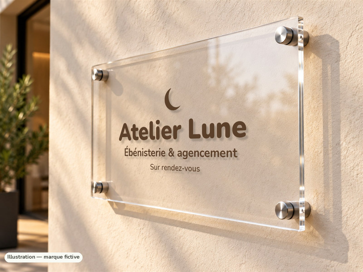 Plaque professionnelle plexiglas vue de trois quarts, entretoises inox et décalage au mur (marque fictive Atelier Lune)