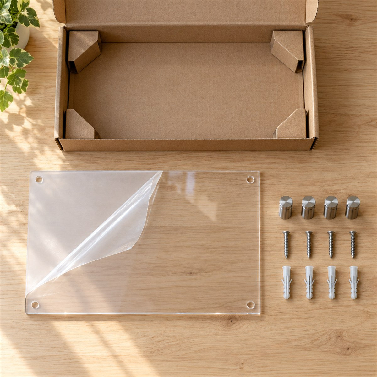 Contenu du colis : plaque plexiglas sous film, 4 entretoises inox, vis et chevilles