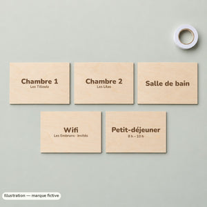 Pack de 5 plaques de porte en bois gravées : chambres, salle de bain, wifi, petit-déjeuner (exemple)