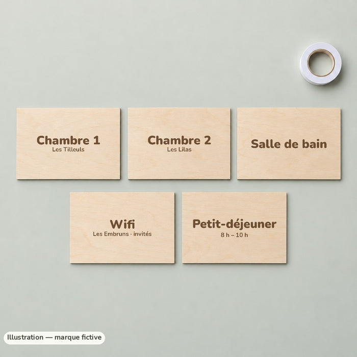 Pack de 5 plaques de porte en bois gravées : chambres, salle de bain, wifi, petit-déjeuner (exemple)