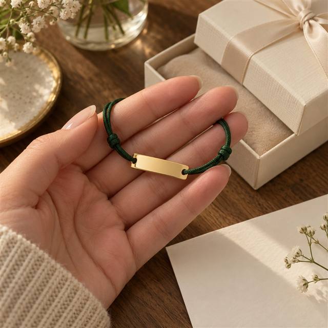 Bracelet cordon vert avec plaque dorée vierge dans une boîte cadeau