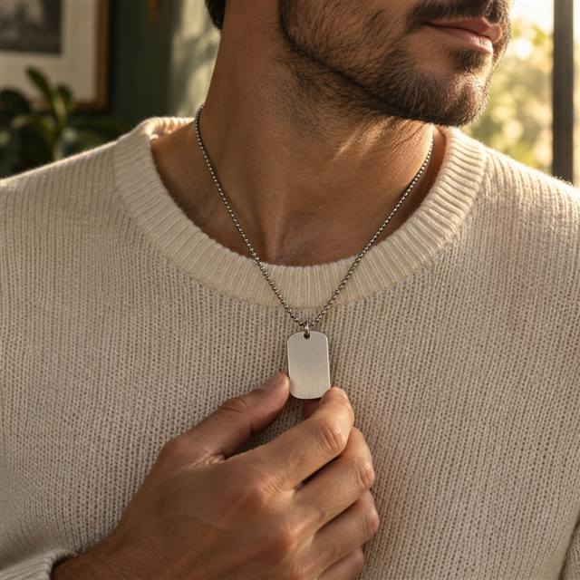 Pendentif médaille vierge porté sur un pull clair